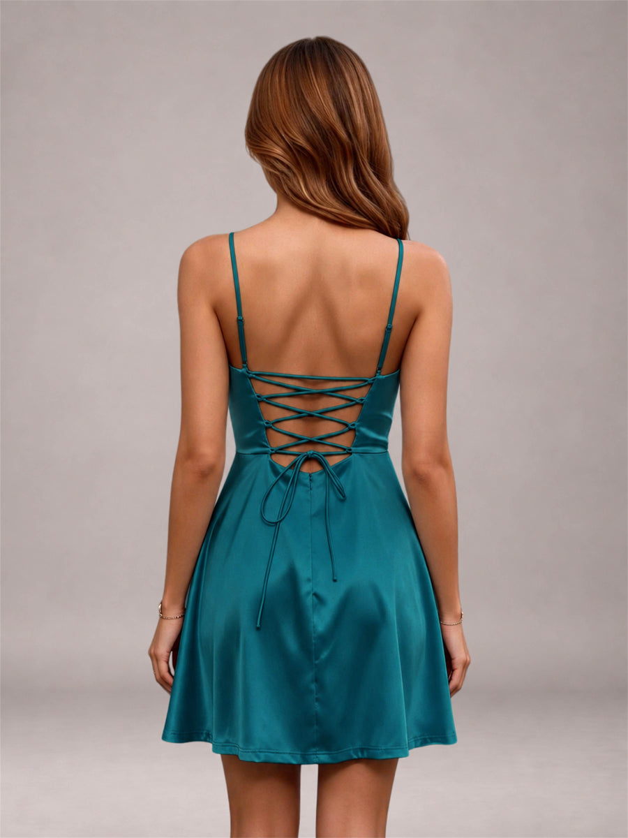 Peacock Stretch Satin Cowl Neck Spaghetti Strap Pleated Mini Homecoming Dress with Lace Up Back