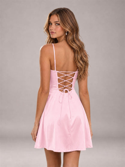 Pink Stretch Satin Cowl Neck Spaghetti Strap Pleated Mini Homecoming Dress with Lace Up Back