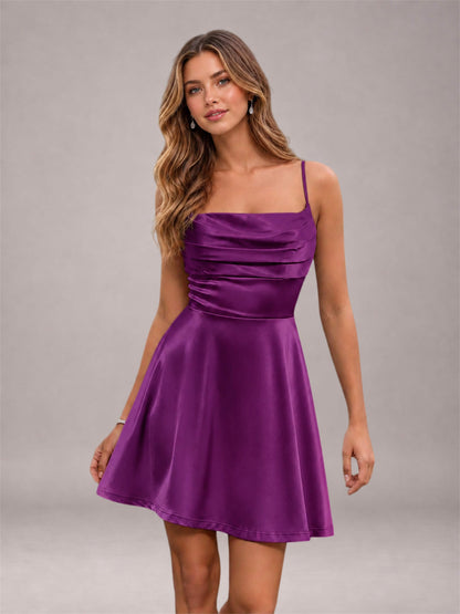 Plum Stretch Satin Cowl Neck Spaghetti Strap Pleated Mini Homecoming Dress with Lace Up Back