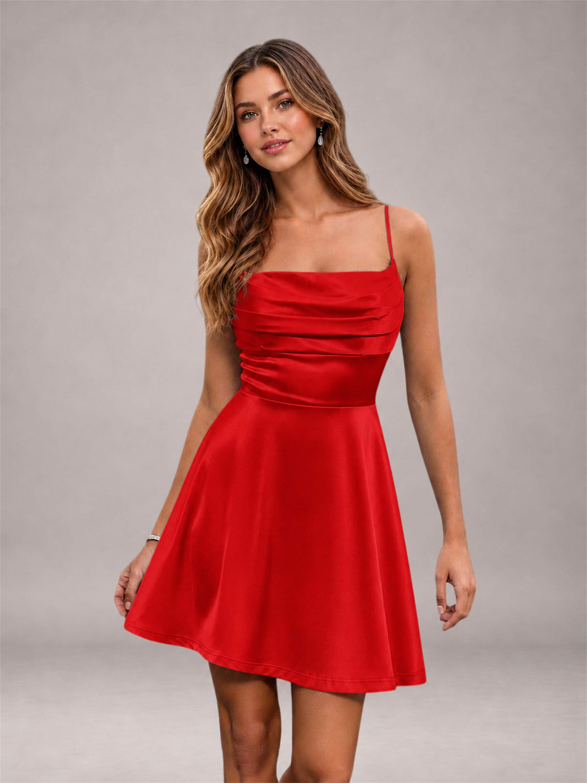 Red Stretch Satin Cowl Neck Spaghetti Strap Pleated Mini Homecoming Dress with Lace Up Back