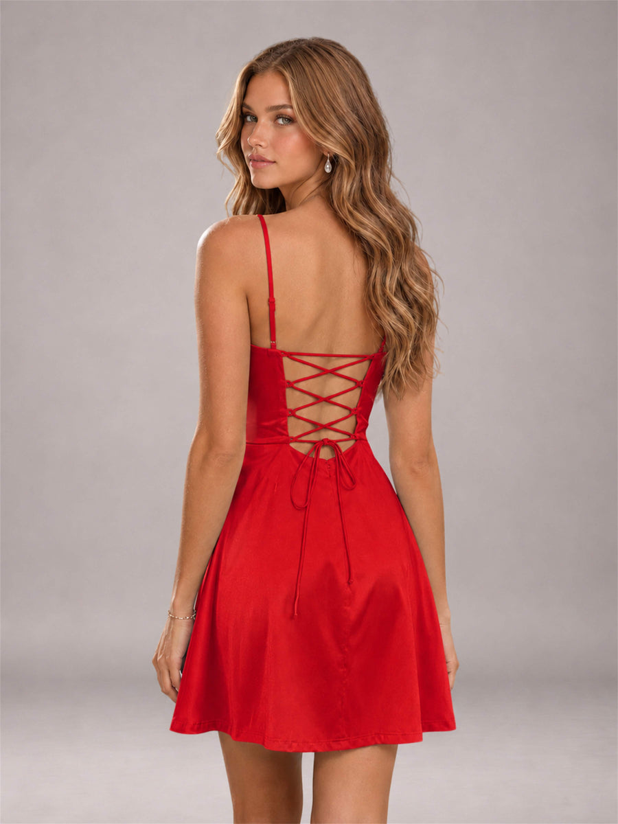 Red Stretch Satin Cowl Neck Spaghetti Strap Pleated Mini Homecoming Dress with Lace Up Back