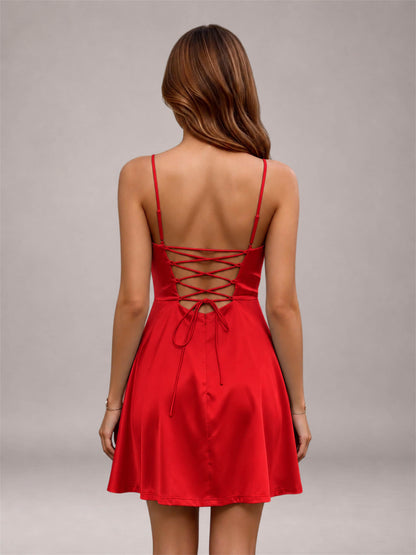 Red Stretch Satin Cowl Neck Spaghetti Strap Pleated Mini Homecoming Dress with Lace Up Back