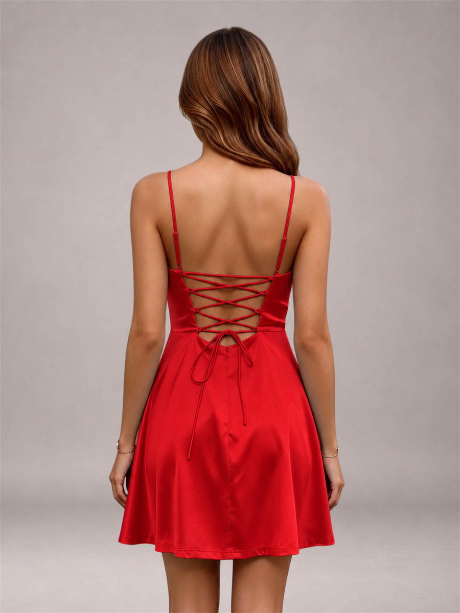 Red Stretch Satin Cowl Neck Spaghetti Strap Pleated Mini Homecoming Dress with Lace Up Back