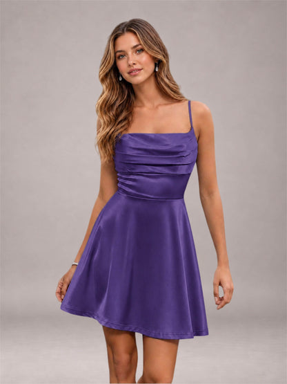 Regency Stretch Satin Cowl Neck Spaghetti Strap Pleated Mini Homecoming Dress with Lace Up Back