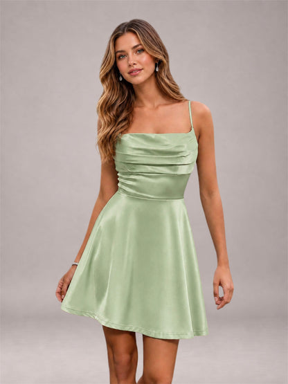 Sage Green Stretch Satin Cowl Neck Spaghetti Strap Pleated Mini Homecoming Dress with Lace Up Back