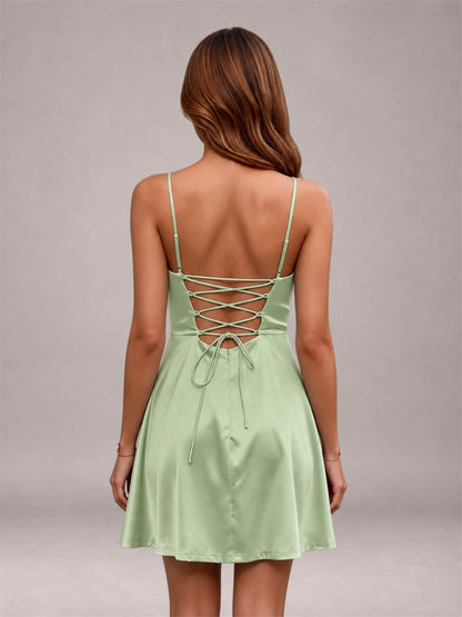 Sage Green Stretch Satin Cowl Neck Spaghetti Strap Pleated Mini Homecoming Dress with Lace Up Back