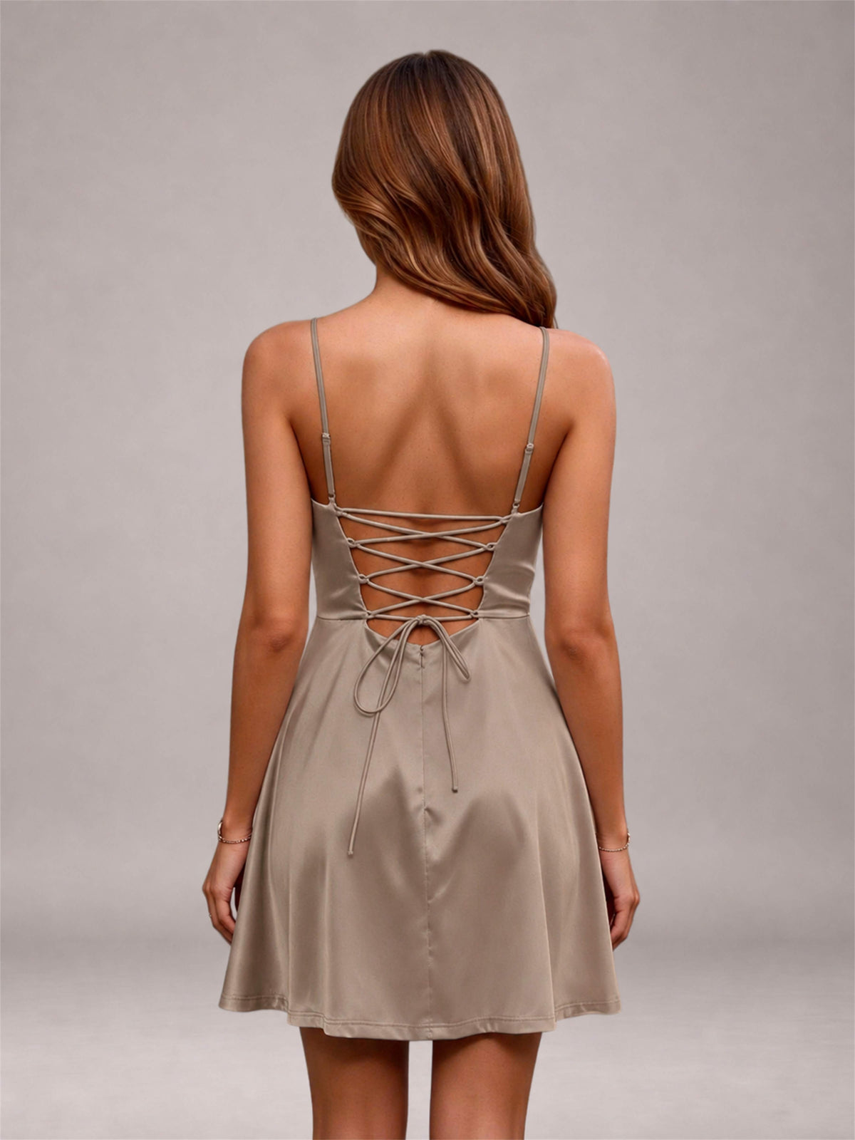 Taupe Stretch Satin Cowl Neck Spaghetti Strap Pleated Mini Homecoming Dress with Lace Up Back