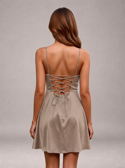 Taupe Stretch Satin Cowl Neck Spaghetti Strap Pleated Mini Homecoming Dress with Lace Up Back