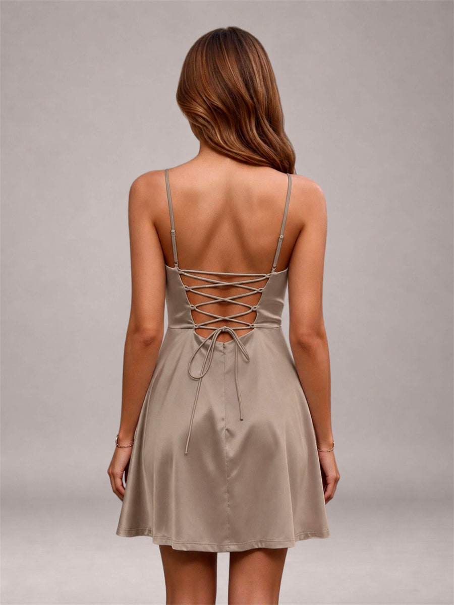 Taupe Stretch Satin Cowl Neck Spaghetti Strap Pleated Mini Homecoming Dress with Lace Up Back