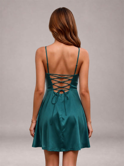 Teal Stretch Satin Cowl Neck Spaghetti Strap Pleated Mini Homecoming Dress with Lace Up Back