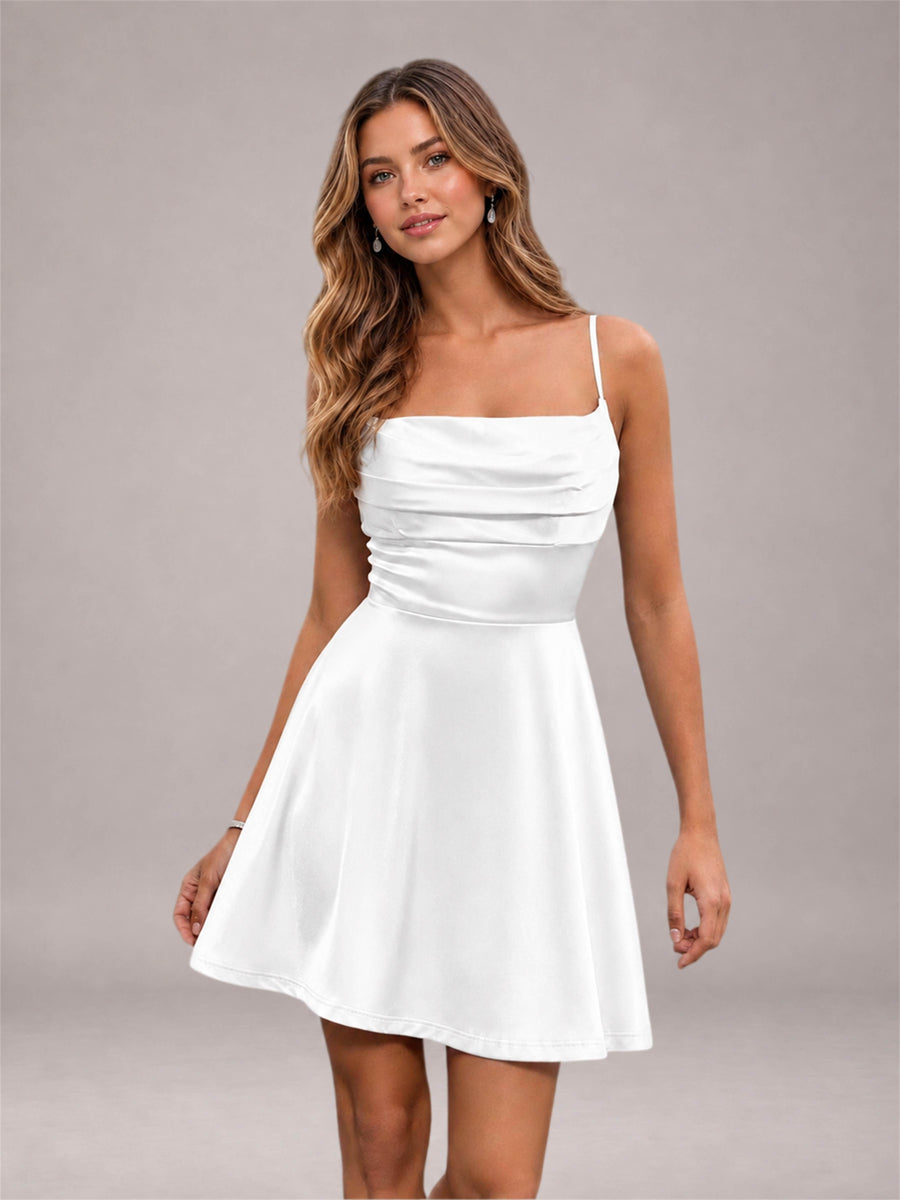 White Stretch Satin Cowl Neck Spaghetti Strap Pleated Mini Homecoming Dress with Lace Up Back