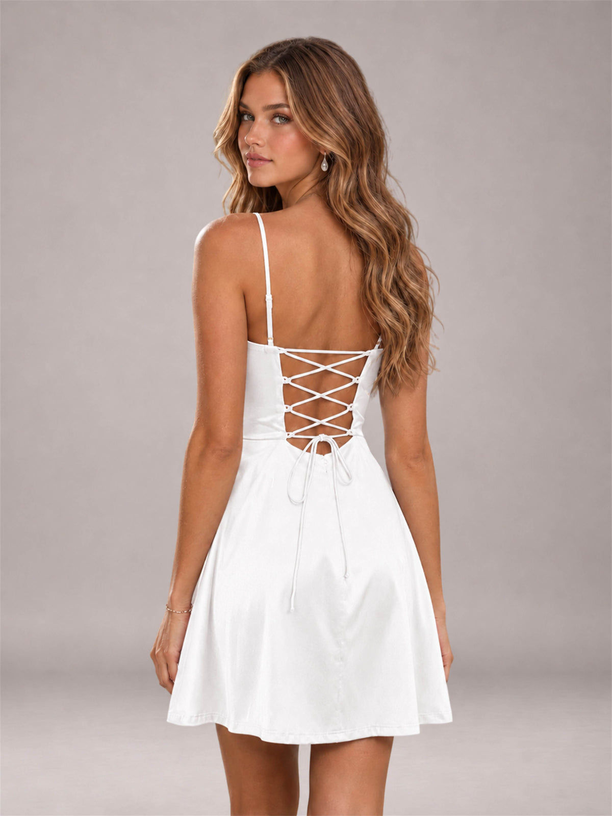 White Stretch Satin Cowl Neck Spaghetti Strap Pleated Mini Homecoming Dress with Lace Up Back