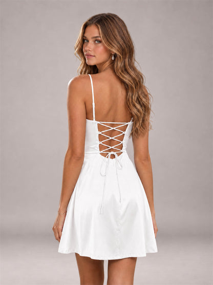 White Stretch Satin Cowl Neck Spaghetti Strap Pleated Mini Homecoming Dress with Lace Up Back