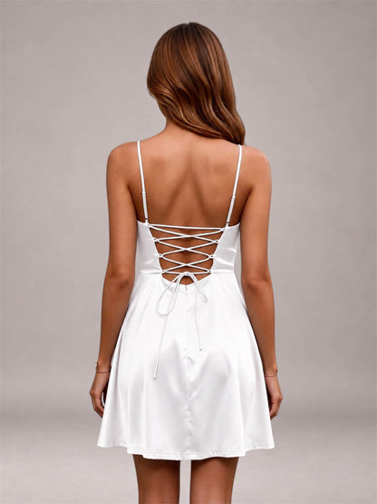 White Stretch Satin Cowl Neck Spaghetti Strap Pleated Mini Homecoming Dress with Lace Up Back