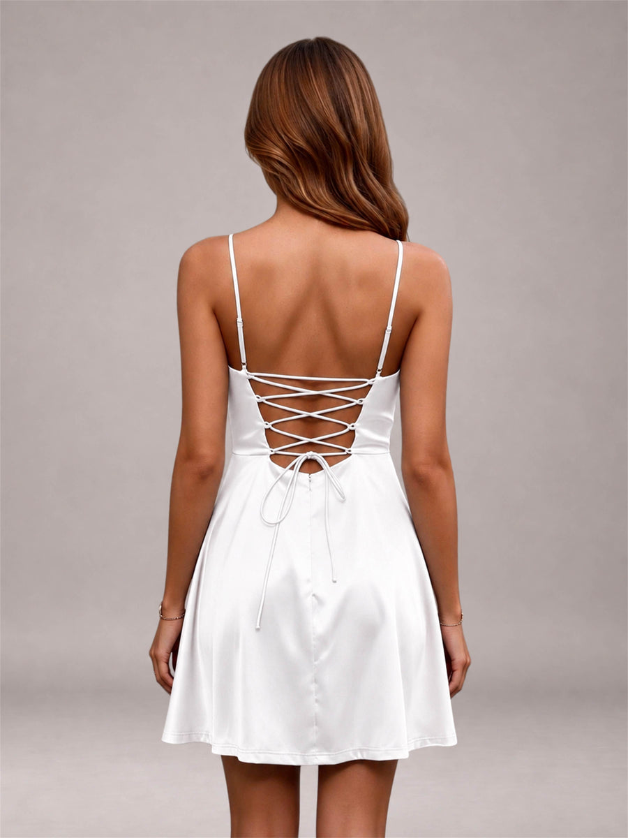 White Stretch Satin Cowl Neck Spaghetti Strap Pleated Mini Homecoming Dress with Lace Up Back