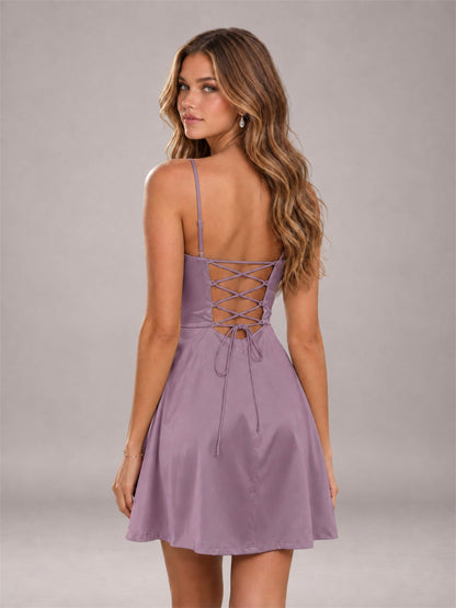 Wisteria Stretch Satin Cowl Neck Spaghetti Strap Pleated Mini Homecoming Dress with Lace Up Back