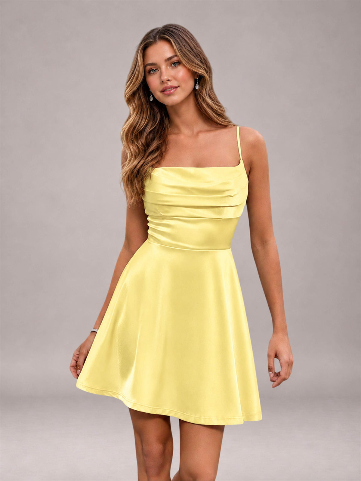 Yellow Stretch Satin Cowl Neck Spaghetti Strap Pleated Mini Homecoming Dress with Lace Up Back