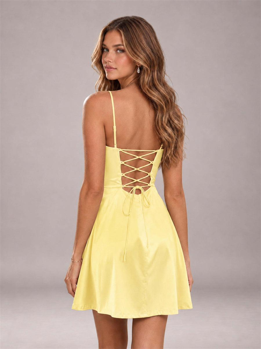 Yellow Stretch Satin Cowl Neck Spaghetti Strap Pleated Mini Homecoming Dress with Lace Up Back