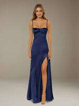 Free Shipping Stretch Satin Prom Dress Spaghetti Straps A-Line with Side Slit