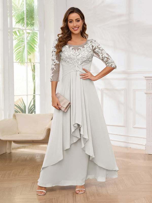 Ivory Striking Illusion Half Sleeves Appliques Ruched Mother Of The Bride Dresses