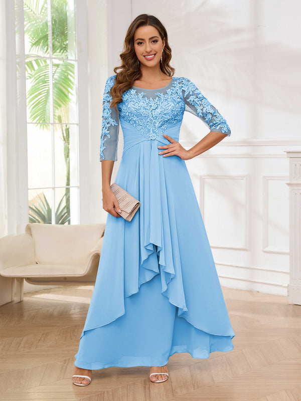 Light Blue Striking Illusion Half Sleeves Appliques Ruched Mother Of The Bride Dresses