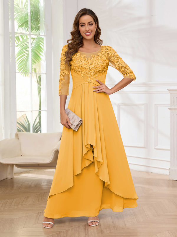 Mustard Striking Illusion Half Sleeves Appliques Ruched Mother Of The Bride Dresses