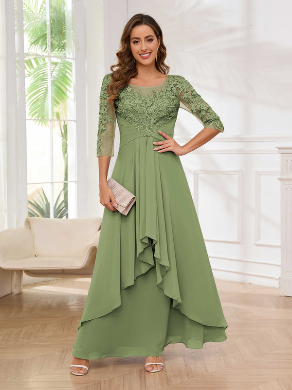 Olive Green Striking Illusion Half Sleeves Appliques Ruched Mother Of The Bride Dresses