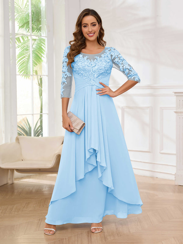 Sky Blue Striking Illusion Half Sleeves Appliques Ruched Mother Of The Bride Dresses