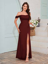 Striking Off The Shoulder Slit Long Chiffon Bridesmaid Dresses