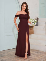 Striking Off The Shoulder Slit Long Chiffon Bridesmaid Dresses