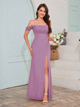 Striking Off The Shoulder Slit Long Chiffon Bridesmaid Dresses