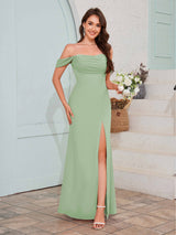 Striking Off The Shoulder Slit Long Chiffon Bridesmaid Dresses