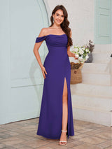 Striking Off The Shoulder Slit Long Chiffon Bridesmaid Dresses