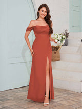 Striking Off The Shoulder Slit Long Chiffon Bridesmaid Dresses