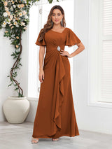 Striking Short Sleeves Ruched Chiffon Long Mother Of The Bride Dresses