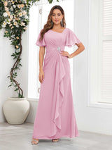 Striking Short Sleeves Ruched Chiffon Long Mother Of The Bride Dresses