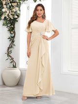 Striking Short Sleeves Ruched Chiffon Long Mother Of The Bride Dresses
