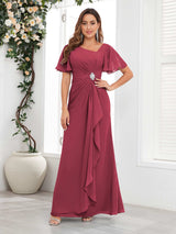 Striking Short Sleeves Ruched Chiffon Long Mother Of The Bride Dresses