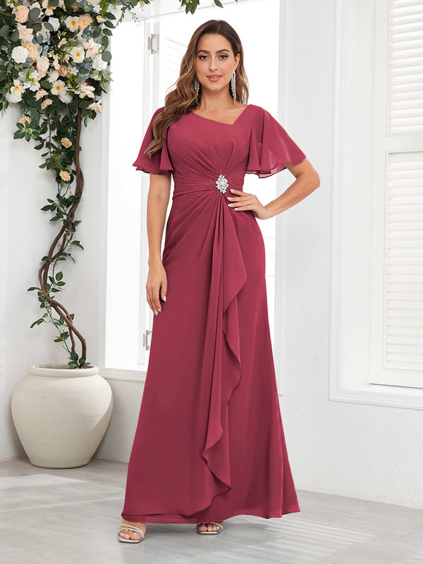 Cinnamon Rose Striking Short Sleeves Ruched Chiffon Long Mother Of The Bride Dresses