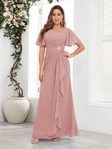 Striking Short Sleeves Ruched Chiffon Long Mother Of The Bride Dresses