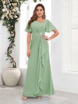 Striking Short Sleeves Ruched Chiffon Long Mother Of The Bride Dresses