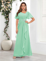 Striking Short Sleeves Ruched Chiffon Long Mother Of The Bride Dresses