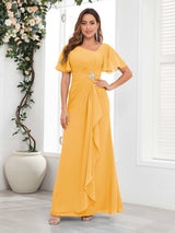 Striking Short Sleeves Ruched Chiffon Long Mother Of The Bride Dresses