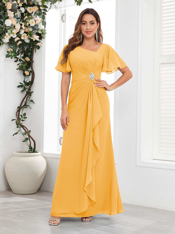Mustard Striking Short Sleeves Ruched Chiffon Long Mother Of The Bride Dresses