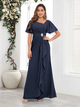 Striking Short Sleeves Ruched Chiffon Long Mother Of The Bride Dresses