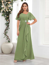 Striking Short Sleeves Ruched Chiffon Long Mother Of The Bride Dresses