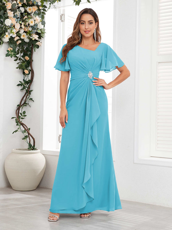 Pool Striking Short Sleeves Ruched Chiffon Long Mother Of The Bride Dresses