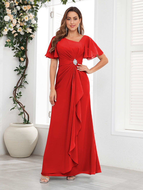 Red Striking Short Sleeves Ruched Chiffon Long Mother Of The Bride Dresses
