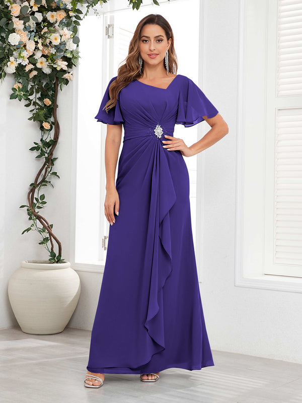 Regency Striking Short Sleeves Ruched Chiffon Long Mother Of The Bride Dresses