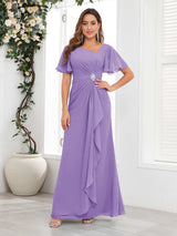 Striking Short Sleeves Ruched Chiffon Long Mother Of The Bride Dresses